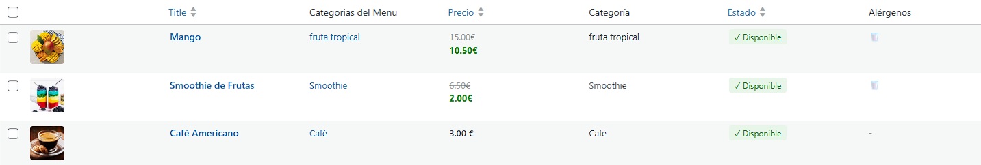 Tabla con todos los productos, precios y estados